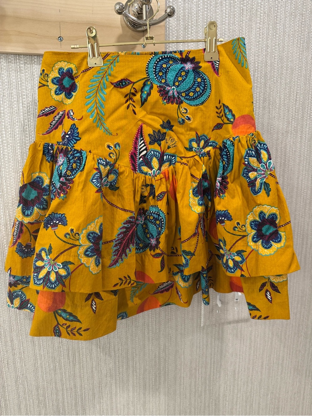 Anthropologie Golden Mustard Floral Tiered Mini Skirt
